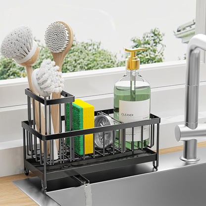 Cisily Sponge Holder for Kitchen Sink, Sink Caddy with High Brush Holder, Kitchen Sink Organizer Countertop Rustproof 304 Stainless Steel , Soap Dispenser Kitchen Organizers and Storage Essentials