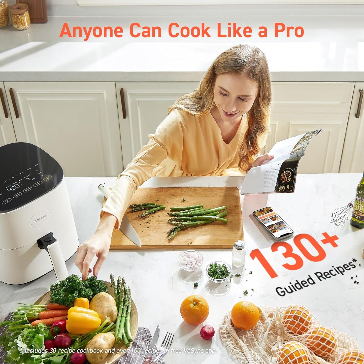 COSORI Air Fryer Pro 9-in-1, Compact 5QT, 450℉: Half Time & Chef-Grade Cook, One-Wipe Clean Glass Panel, 130+ In-App Recipes with Nutritional Info, Nonstick & Dishwasher-Safe Basket, Gray