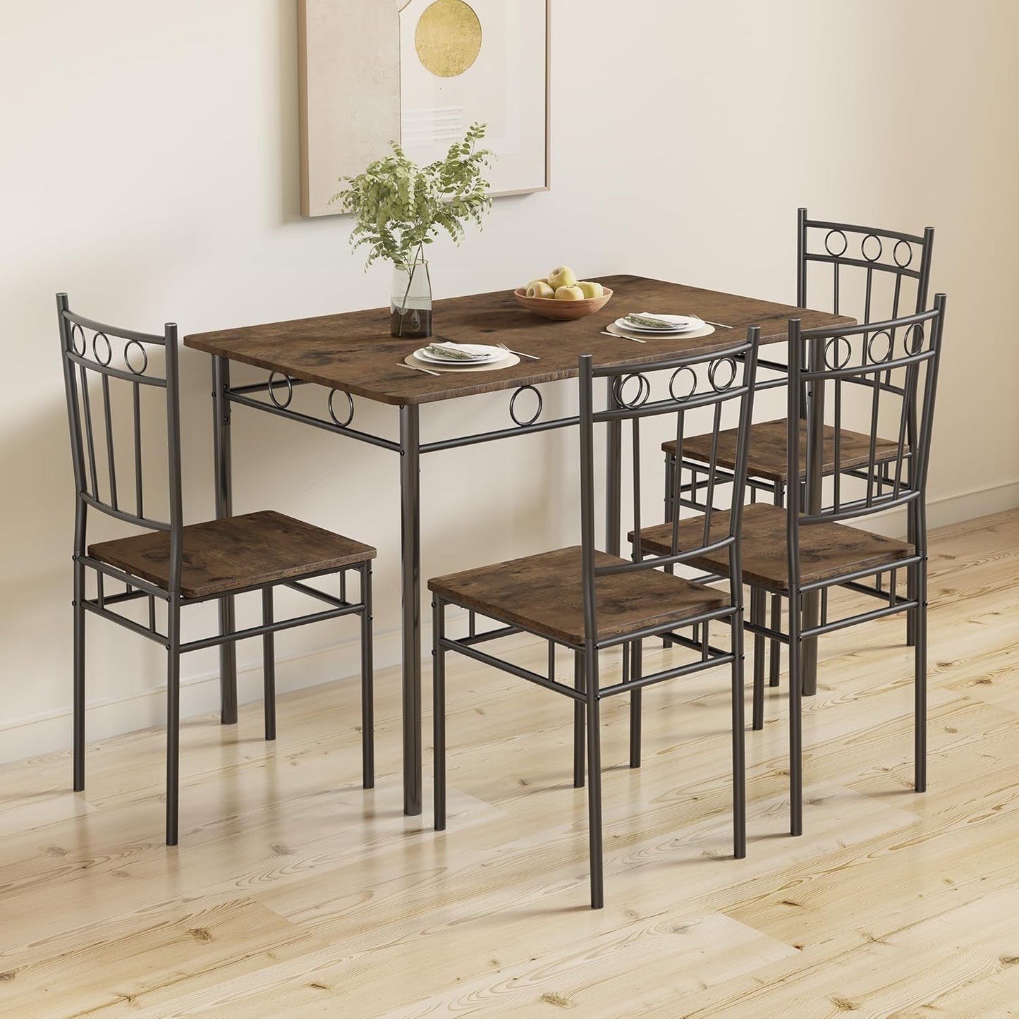 Dining Table Set for 4, 5-Piece Kitchen Table and Chairs, Rectangular Dining Room Table Set with 4 Chairs, Space-Saving Kitchen Table Set for Small Space,Dinette,Apartment,Retro Brown