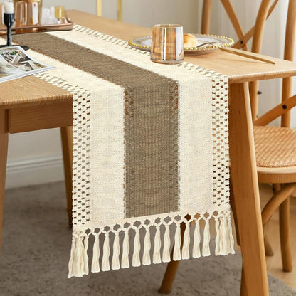 Camino de mesa estilo bohemio, estilo rústico, de 72 pulgadas de largo, de algodón y macramé, con borlas para mesa de café, para despedidas de soltera, bodas, cocinas, comedores, decoración del hogar, color marrón