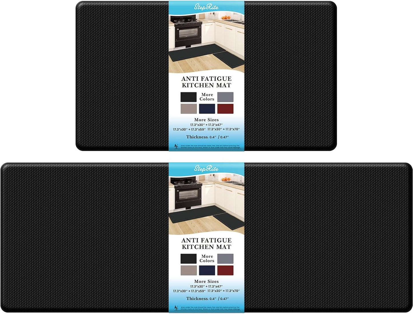 StepRite Kitchen Mats, 2PCS Kitchen Rugs, Cushioned Anti Fatigue Kitchen Mats for Floor, Non-Slip Standing Desk Mat, Waterproof Kitchen Rug Set for Kitchen, Floor, Office,17.3"×30"+17.3"×47",Black