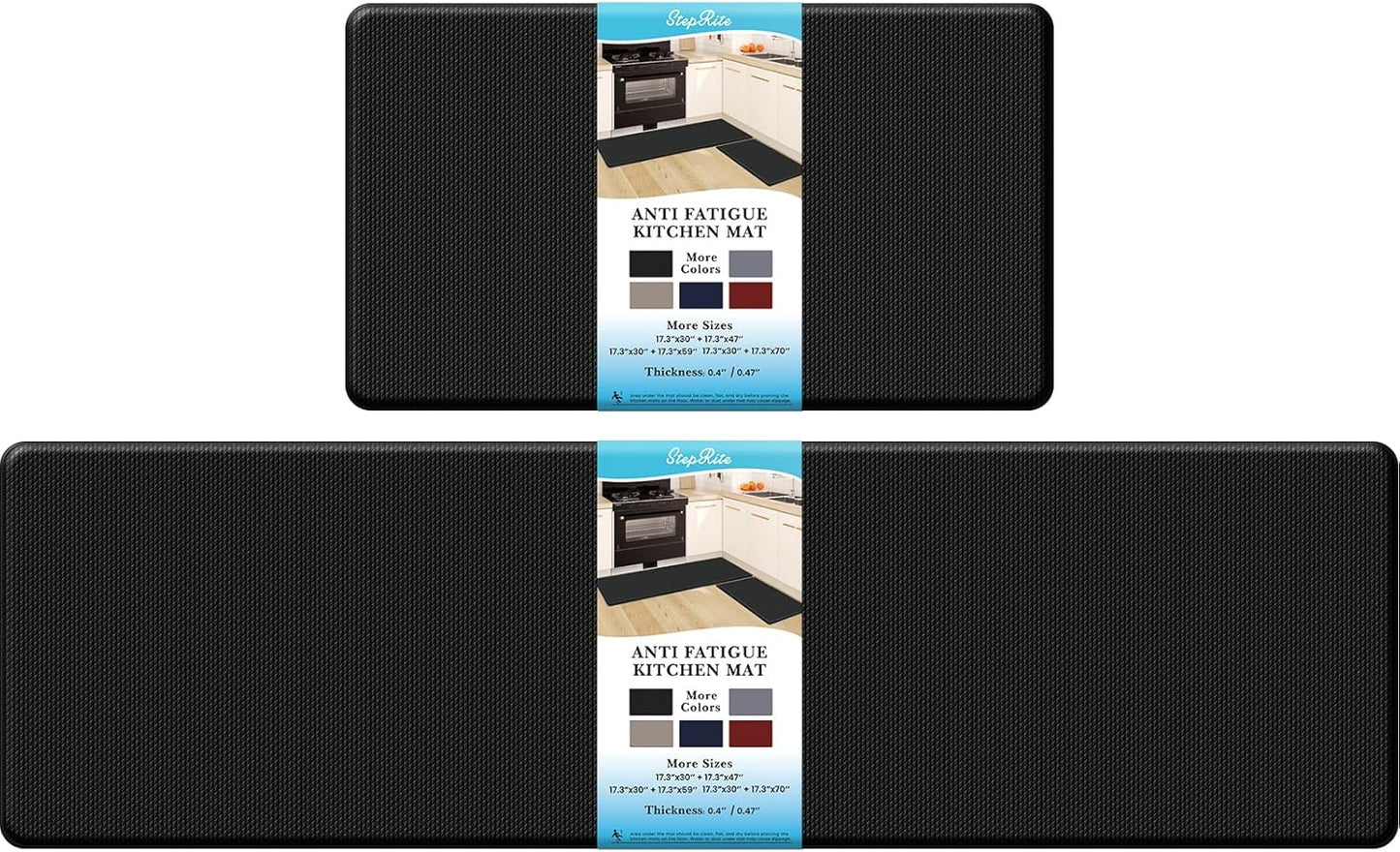 StepRite Kitchen Mats, 2PCS Kitchen Rugs, Cushioned Anti Fatigue Kitchen Mats for Floor, Non-Slip Standing Desk Mat, Waterproof Kitchen Rug Set for Kitchen, Floor, Office,17.3"×30"+17.3"×47",Black