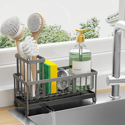 Cisily Sponge Holder for Kitchen Sink, Sink Caddy with High Brush Holder, Kitchen Sink Organizer Countertop Rustproof 304 Stainless Steel , Soap Dispenser Kitchen Organizers and Storage Essentials