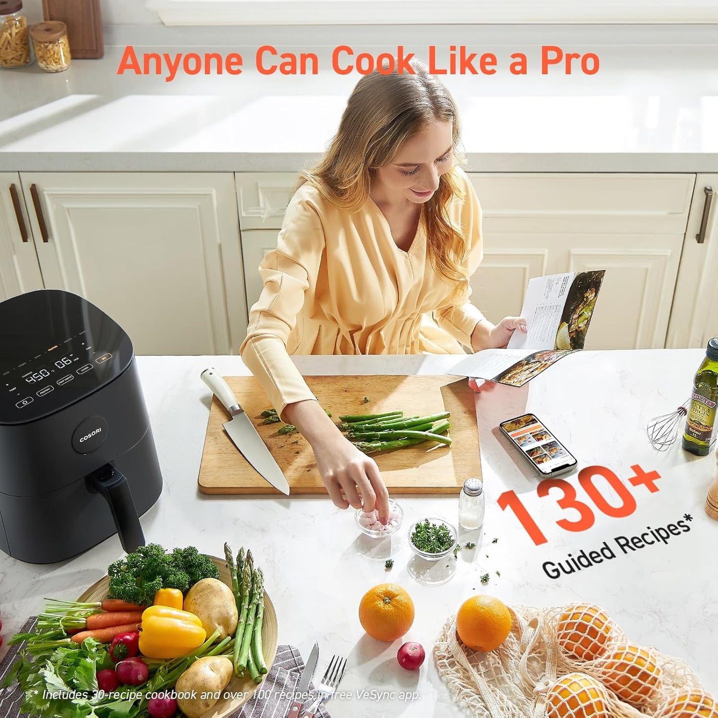 COSORI Air Fryer Pro 9-in-1, Compact 5QT, 450℉: Half Time & Chef-Grade Cook, One-Wipe Clean Glass Panel, 130+ In-App Recipes with Nutritional Info, Nonstick & Dishwasher-Safe Basket, Gray