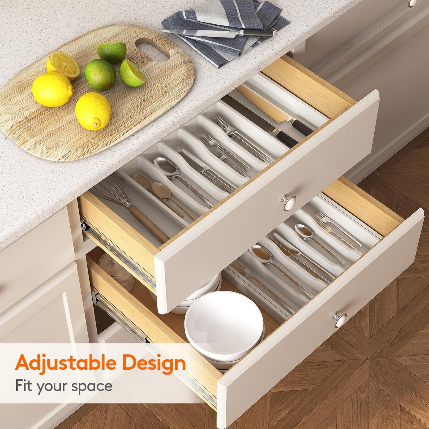 Organizador de cajones para cubiertos Lifewit, bandeja expandible para utensilios de cocina, soporte para cubiertos y cubertería sin BPA, almacenamiento de plástico ajustable para cucharas, tenedores y cuchillos, grande, negro