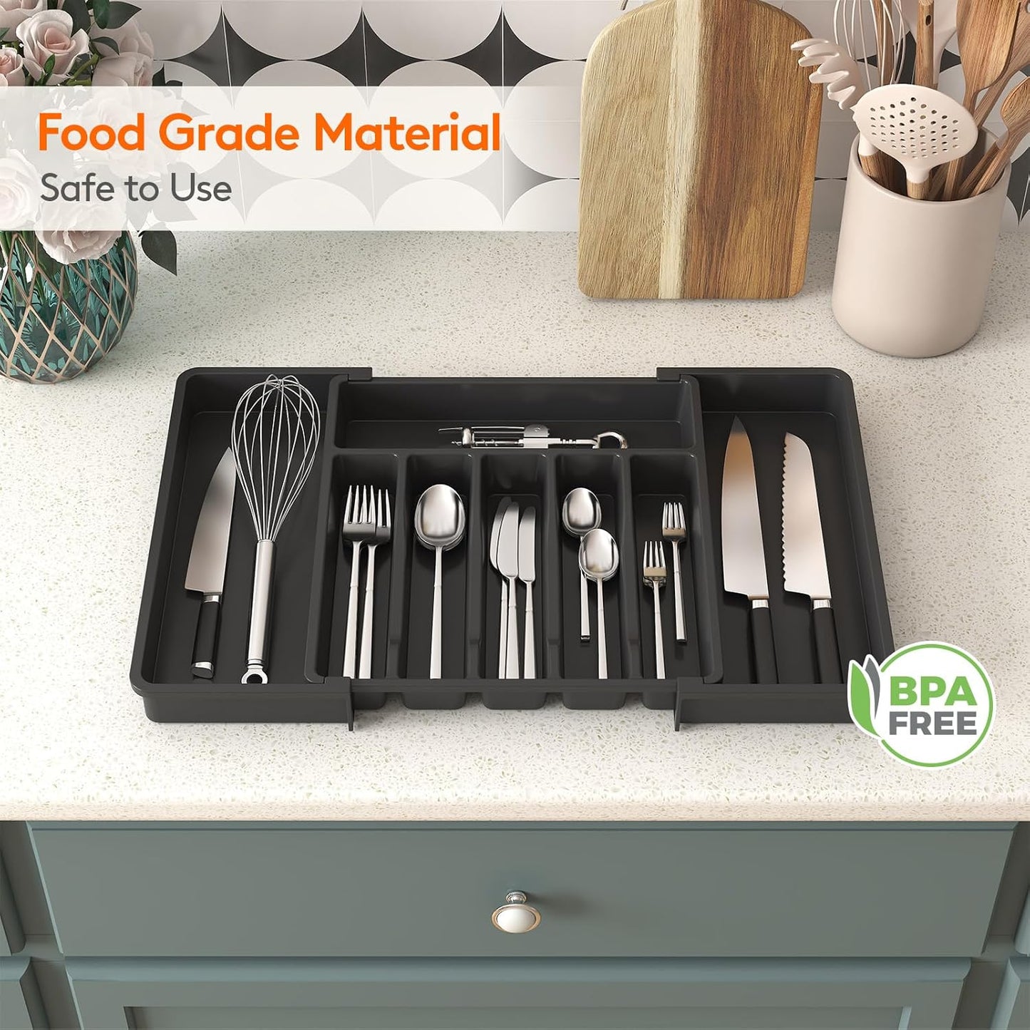 Organizador de cajones para cubiertos Lifewit, bandeja expandible para utensilios de cocina, soporte para cubiertos y cubertería sin BPA, almacenamiento de plástico ajustable para cucharas, tenedores y cuchillos, grande, negro