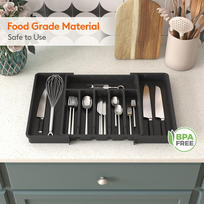 Organizador de cajones para cubiertos Lifewit, bandeja expandible para utensilios de cocina, soporte para cubiertos y cubertería sin BPA, almacenamiento de plástico ajustable para cucharas, tenedores y cuchillos, grande, negro