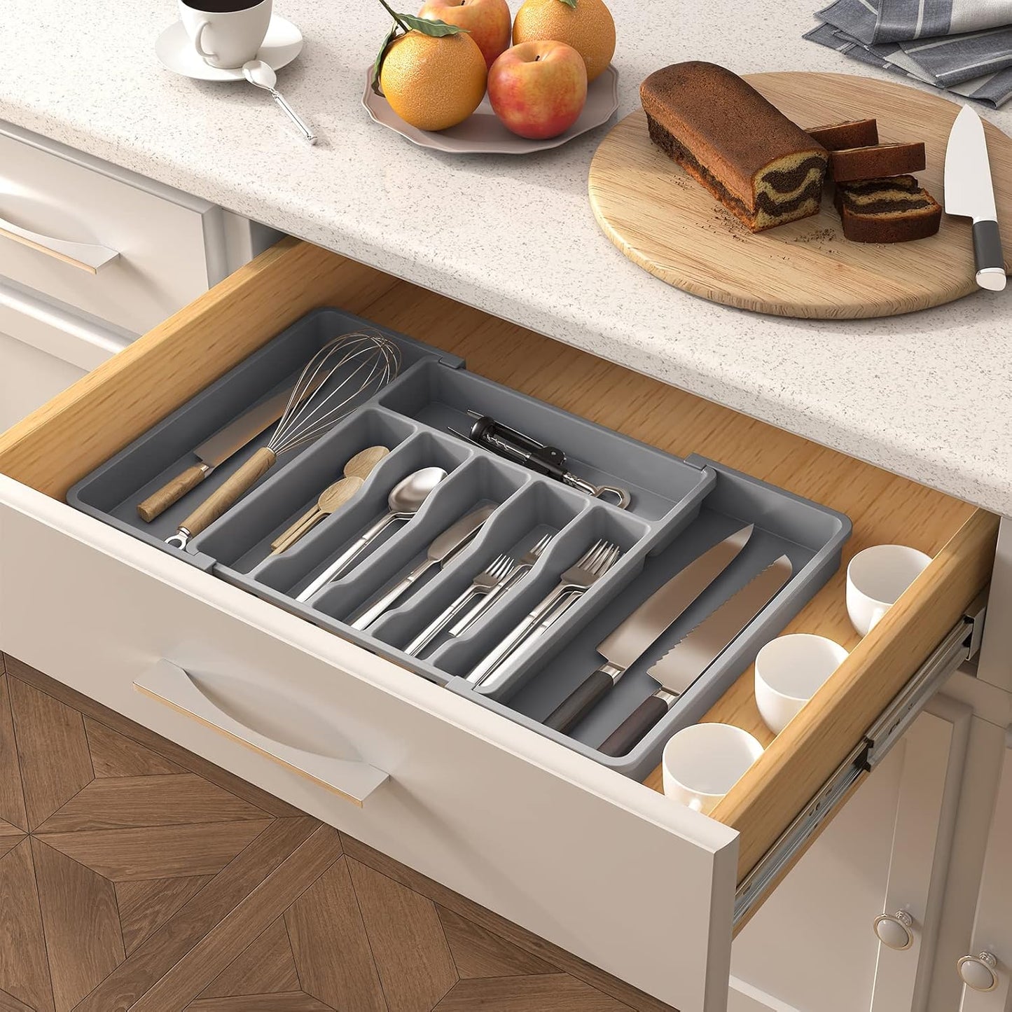 Organizador de cajones para cubiertos Lifewit, bandeja expandible para utensilios de cocina, soporte para cubiertos y cubertería sin BPA, almacenamiento de plástico ajustable para cucharas, tenedores y cuchillos, grande, negro