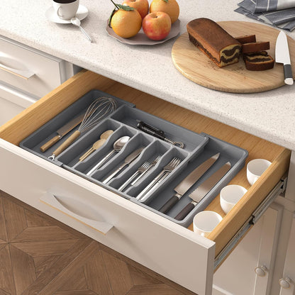 Lifewit Silverware Drawer Organizer, Expandable Utensil Tray for Kitchen, BPA Free Flatware and Cutlery Holder, Adjustable Plastic Storage for Spoons Forks Knives, Large, Black