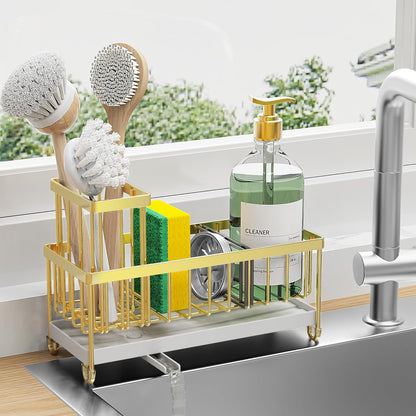 Cisily Sponge Holder for Kitchen Sink, Sink Caddy with High Brush Holder, Kitchen Sink Organizer Countertop Rustproof 304 Stainless Steel , Soap Dispenser Kitchen Organizers and Storage Essentials