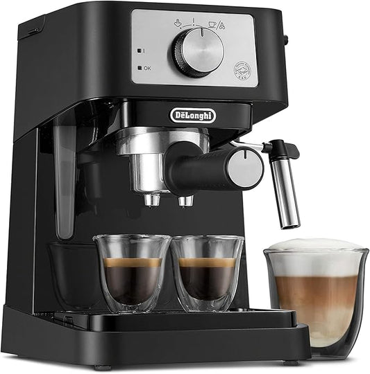 Cafetera manual para café expreso De'Longhi Stilosa, para café con leche y capuchino, presión de bomba de 15 bares + varilla de vapor para espumador de leche, color negro/acero inoxidable, EC260BK, 13,5 x 8,07 x 11,22 pulgadas