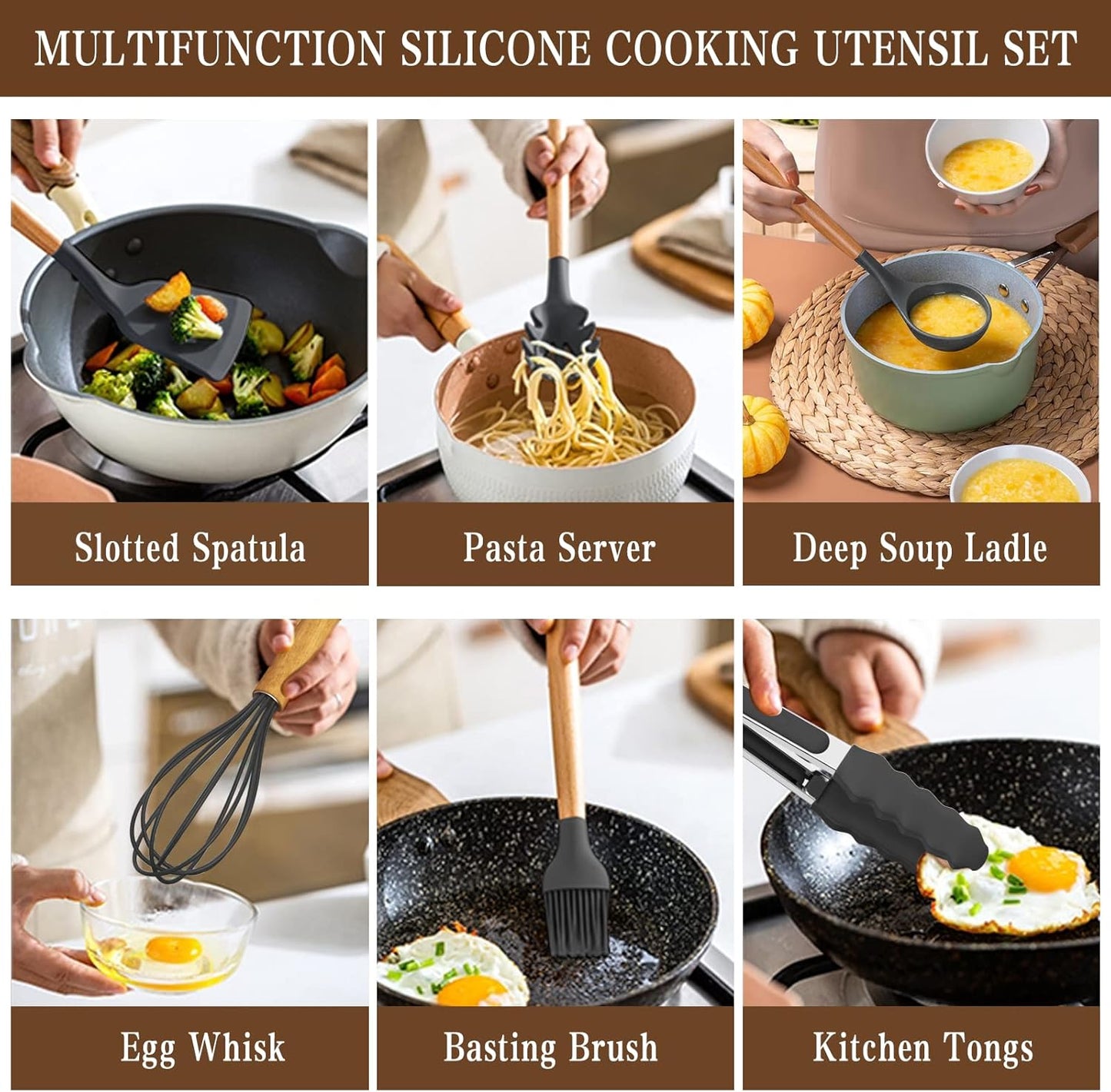 Umite Chef - Juego de utensilios de cocina de silicona antiadherentes, 33 piezas, espátula con soporte, mango de madera, juego de utensilios de cocina de silicona (caqui)