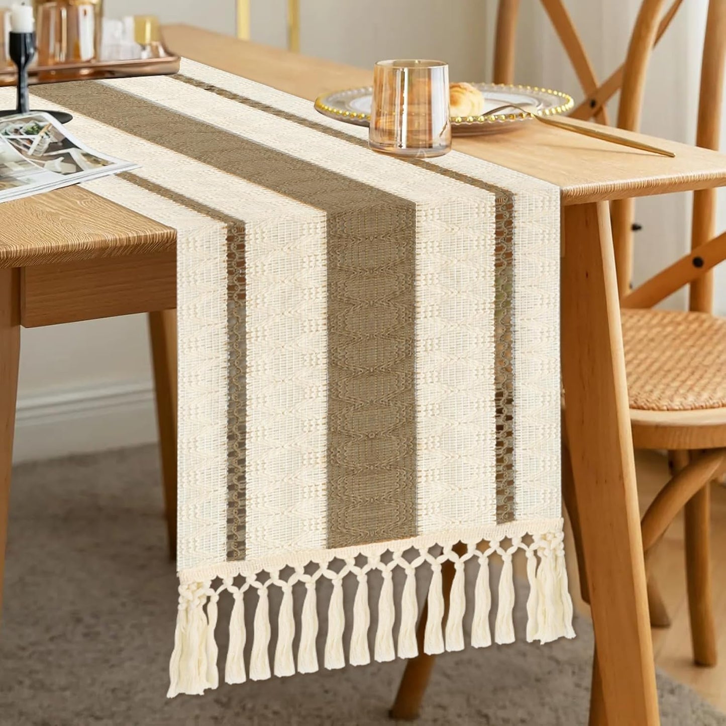 Boho Table Runner Farmhouse Table Runner 72 Inches Long Rustic Coffee Table Runners Cotton Macrame Spring Table Runners with Tassel for Bridal Shower Wedding Kitchen Dining Room Table Home Decor Brown