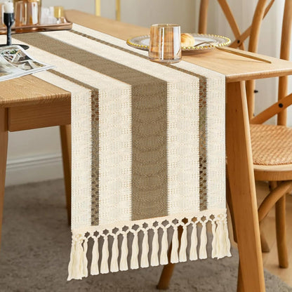 Camino de mesa estilo bohemio, estilo rústico, de 72 pulgadas de largo, de algodón y macramé, con borlas para mesa de café, para despedidas de soltera, bodas, cocinas, comedores, decoración del hogar, color marrón