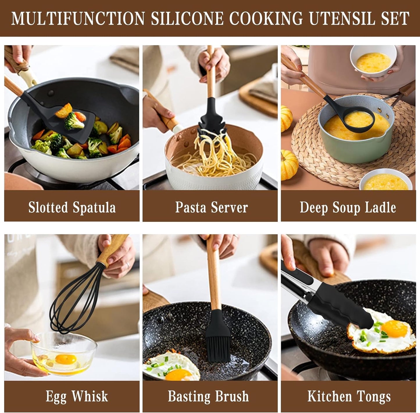 Umite Chef Kitchen Cooking Utensils Set, 33 pcs Non-Stick Silicone Cooking Kitchen Utensils Spatula Set with Holder, Wooden Handle Silicone Kitchen Gadgets Utensil Set (Khaki)