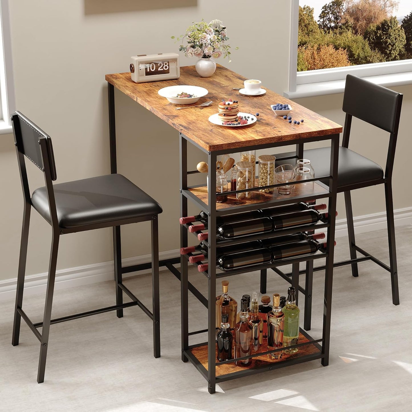 Dining Table Set for 2, Counter Height Table with 2 Upholstered Chairs and Storage Shelves, Bistro Table and Chairs Set of 2, Kitchen Table Set for Small Space, Apartment, Home, Studio