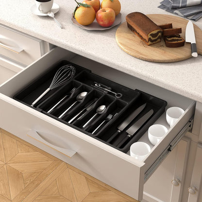 Organizador de cajones para cubiertos Lifewit, bandeja expandible para utensilios de cocina, soporte para cubiertos y cubertería sin BPA, almacenamiento de plástico ajustable para cucharas, tenedores y cuchillos, grande, negro