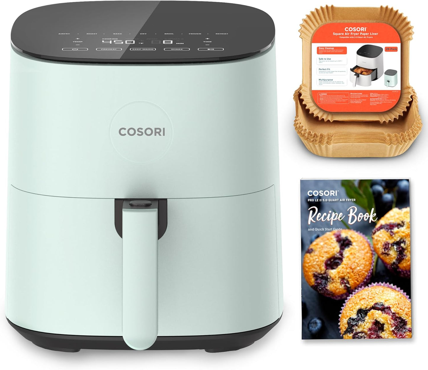 COSORI Air Fryer Pro 9-in-1, Compact 5QT, 450℉: Half Time & Chef-Grade Cook, One-Wipe Clean Glass Panel, 130+ In-App Recipes with Nutritional Info, Nonstick & Dishwasher-Safe Basket, Gray