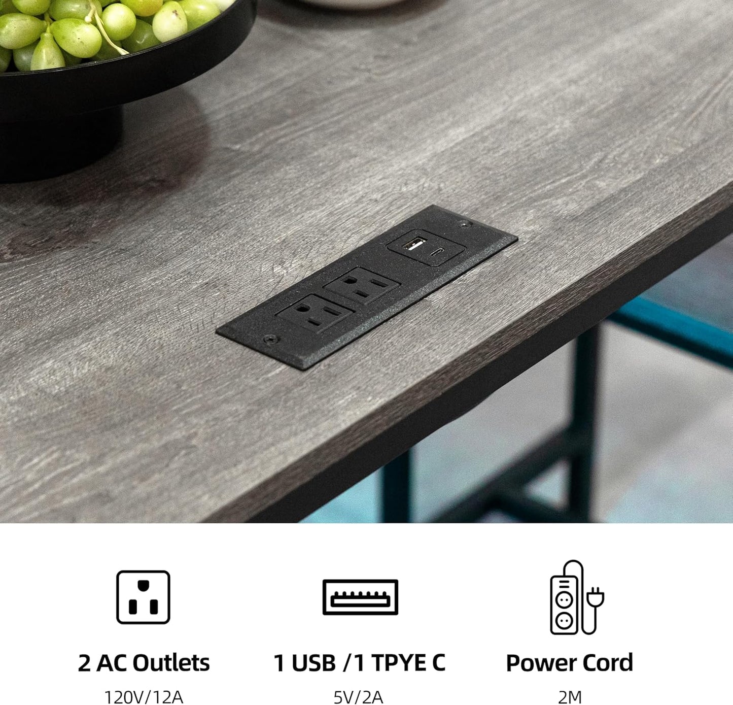 Finnhomy - Juego de mesa de comedor de 3 piezas, mesa de cocina pequeña con 2 sillas, luz LED y toma de corriente USB tipo C, diseño que ahorra espacio para comedor, sala de estar, apartamento, color negro rústico