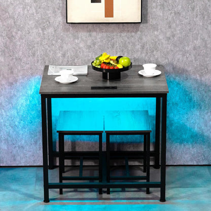 Finnhomy - Juego de mesa de comedor de 3 piezas, mesa de cocina pequeña con 2 sillas, luz LED y toma de corriente USB tipo C, diseño que ahorra espacio para comedor, sala de estar, apartamento, color negro rústico