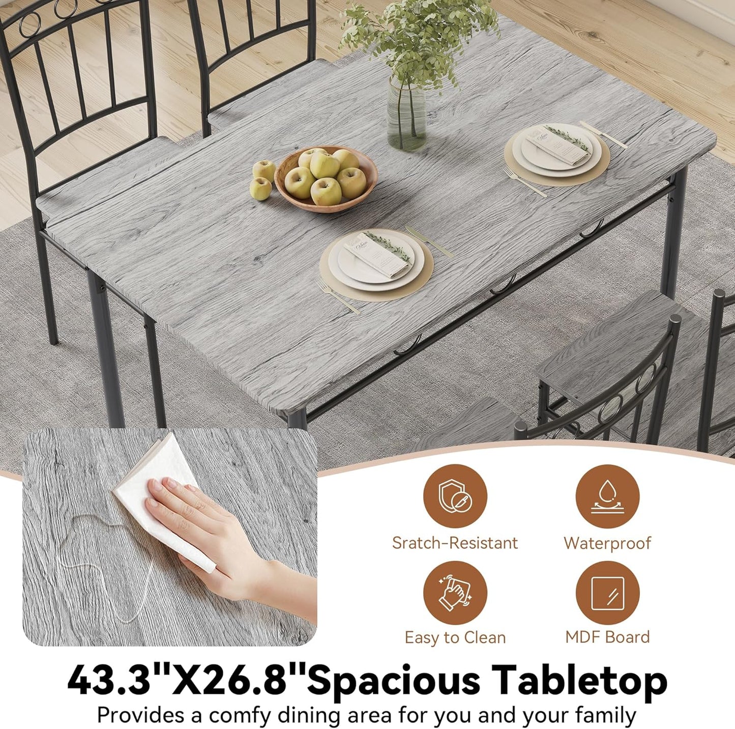 Dining Table Set for 4, 5-Piece Kitchen Table and Chairs, Rectangular Dining Room Table Set with 4 Chairs, Space-Saving Kitchen Table Set for Small Space,Dinette,Apartment,Retro Brown