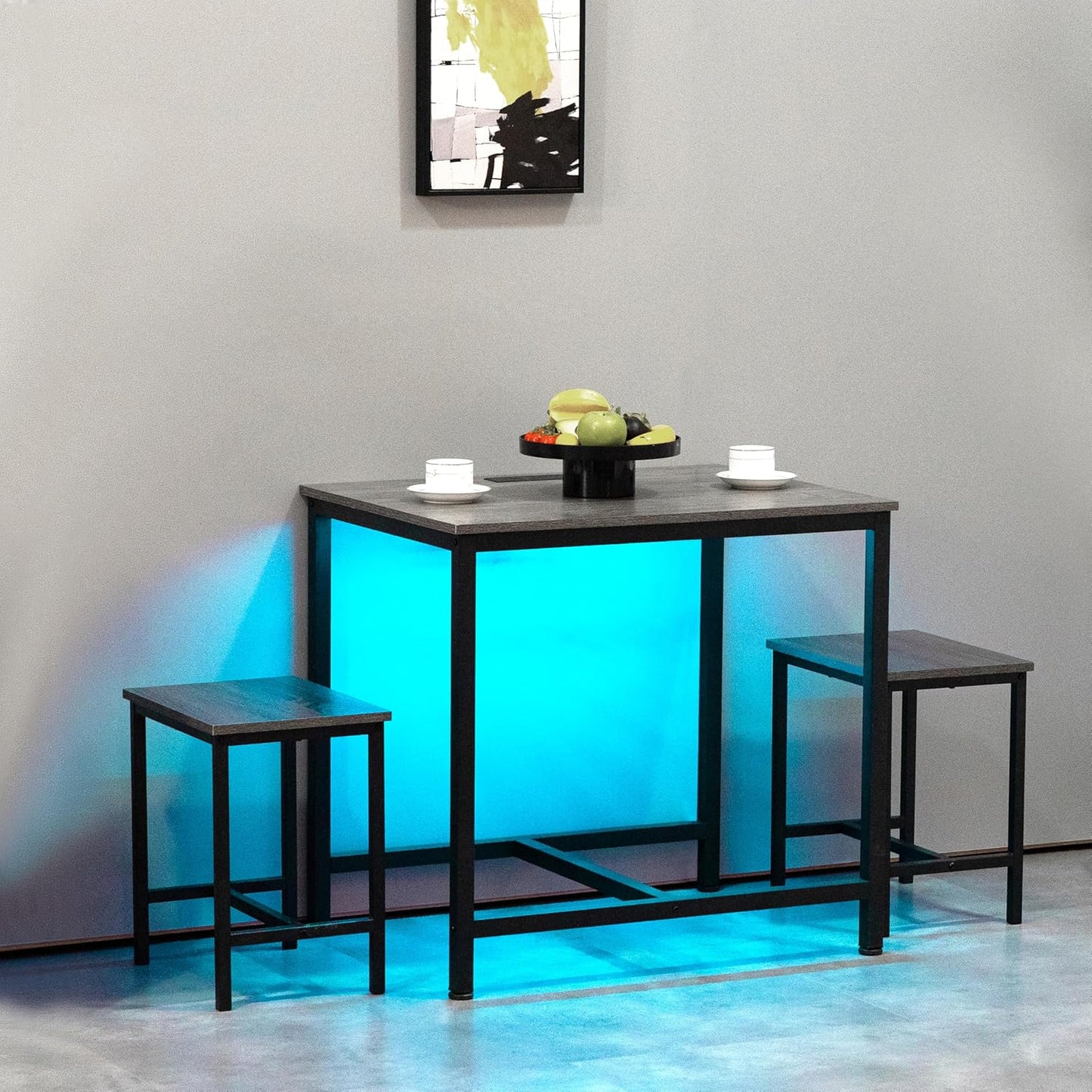 Finnhomy - Juego de mesa de comedor de 3 piezas, mesa de cocina pequeña con 2 sillas, luz LED y toma de corriente USB tipo C, diseño que ahorra espacio para comedor, sala de estar, apartamento, color negro rústico