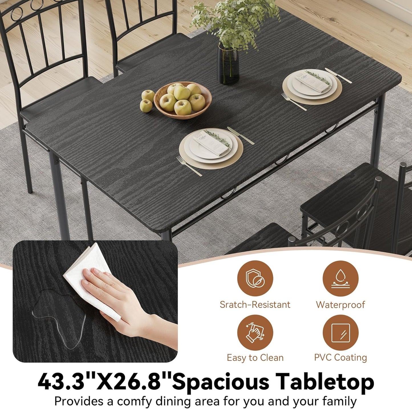 Dining Table Set for 4, 5-Piece Kitchen Table and Chairs, Rectangular Dining Room Table Set with 4 Chairs, Space-Saving Kitchen Table Set for Small Space,Dinette,Apartment,Retro Brown