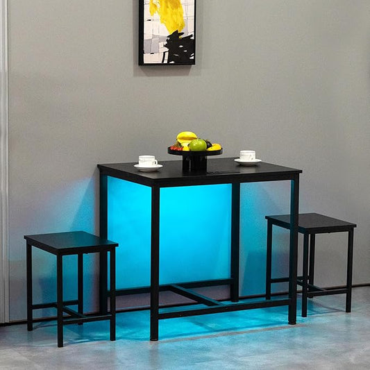 Finnhomy - Juego de mesa de comedor de 3 piezas, mesa de cocina pequeña con 2 sillas, luz LED y toma de corriente USB tipo C, diseño que ahorra espacio para comedor, sala de estar, apartamento, color negro rústico