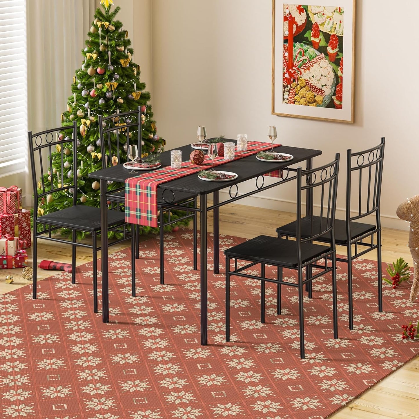 Dining Table Set for 4, 5-Piece Kitchen Table and Chairs, Rectangular Dining Room Table Set with 4 Chairs, Space-Saving Kitchen Table Set for Small Space,Dinette,Apartment,Retro Brown