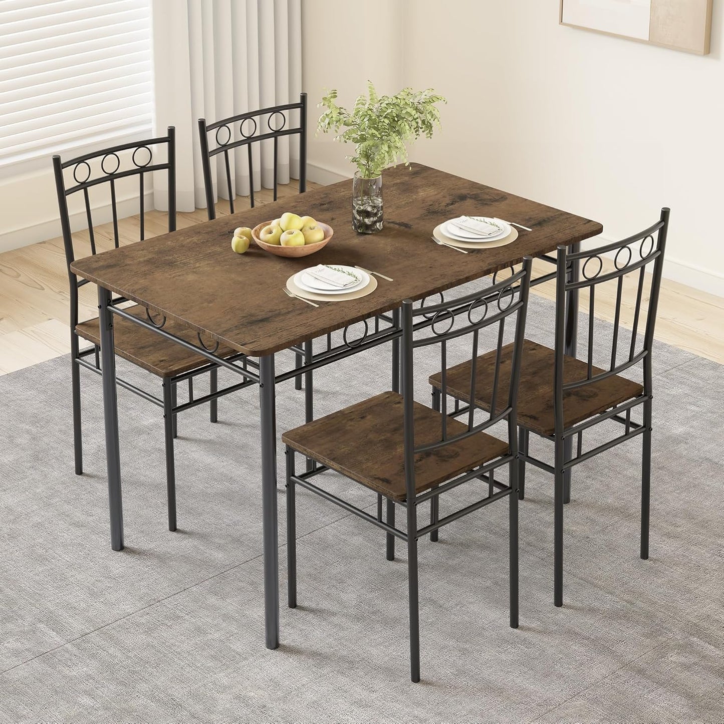 Dining Table Set for 4, 5-Piece Kitchen Table and Chairs, Rectangular Dining Room Table Set with 4 Chairs, Space-Saving Kitchen Table Set for Small Space,Dinette,Apartment,Retro Brown