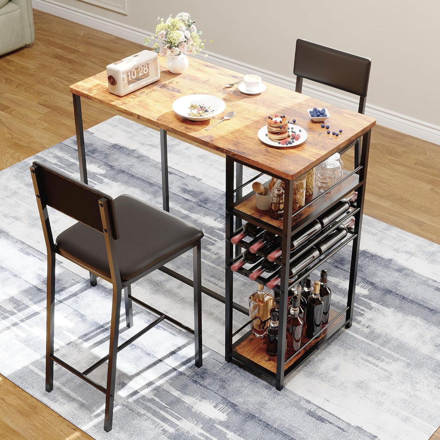 Dining Table Set for 2, Counter Height Table with 2 Upholstered Chairs and Storage Shelves, Bistro Table and Chairs Set of 2, Kitchen Table Set for Small Space, Apartment, Home, Studio