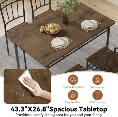 Dining Table Set for 4, 5-Piece Kitchen Table and Chairs, Rectangular Dining Room Table Set with 4 Chairs, Space-Saving Kitchen Table Set for Small Space,Dinette,Apartment,Retro Brown