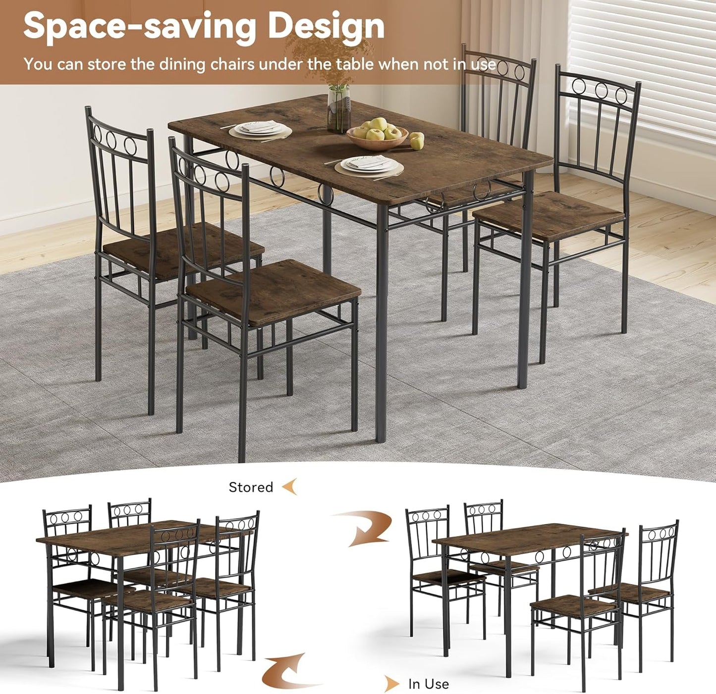 Juego de mesa de comedor para 4, mesa de cocina de 5 piezas y sillas, juego de mesa de comedor rectangular con 4 sillas, juego de mesa de cocina que ahorra espacio para espacios pequeños, comedor, apartamento, marrón retro