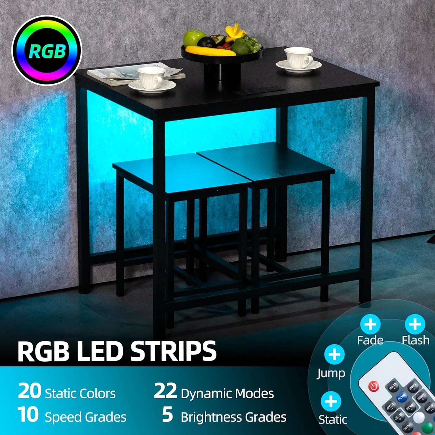 Finnhomy - Juego de mesa de comedor de 3 piezas, mesa de cocina pequeña con 2 sillas, luz LED y toma de corriente USB tipo C, diseño que ahorra espacio para comedor, sala de estar, apartamento, color negro rústico