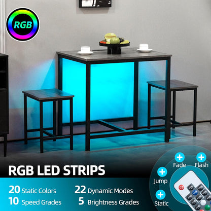 Finnhomy - Juego de mesa de comedor de 3 piezas, mesa de cocina pequeña con 2 sillas, luz LED y toma de corriente USB tipo C, diseño que ahorra espacio para comedor, sala de estar, apartamento, color negro rústico