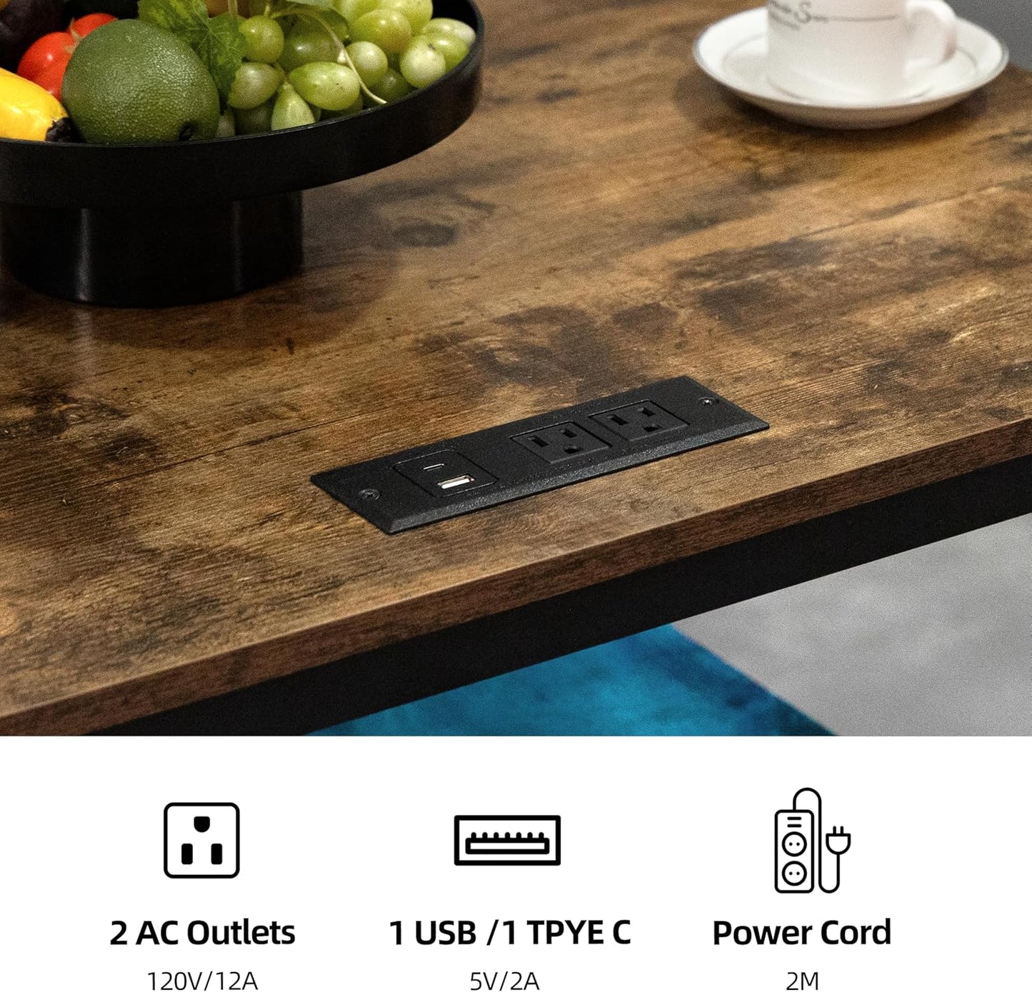 Finnhomy - Juego de mesa de comedor de 3 piezas, mesa de cocina pequeña con 2 sillas, luz LED y toma de corriente USB tipo C, diseño que ahorra espacio para comedor, sala de estar, apartamento, color negro rústico