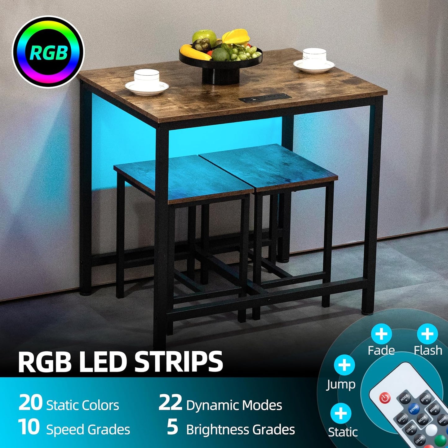 Finnhomy - Juego de mesa de comedor de 3 piezas, mesa de cocina pequeña con 2 sillas, luz LED y toma de corriente USB tipo C, diseño que ahorra espacio para comedor, sala de estar, apartamento, color negro rústico