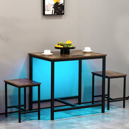 Finnhomy - Juego de mesa de comedor de 3 piezas, mesa de cocina pequeña con 2 sillas, luz LED y toma de corriente USB tipo C, diseño que ahorra espacio para comedor, sala de estar, apartamento, color negro rústico